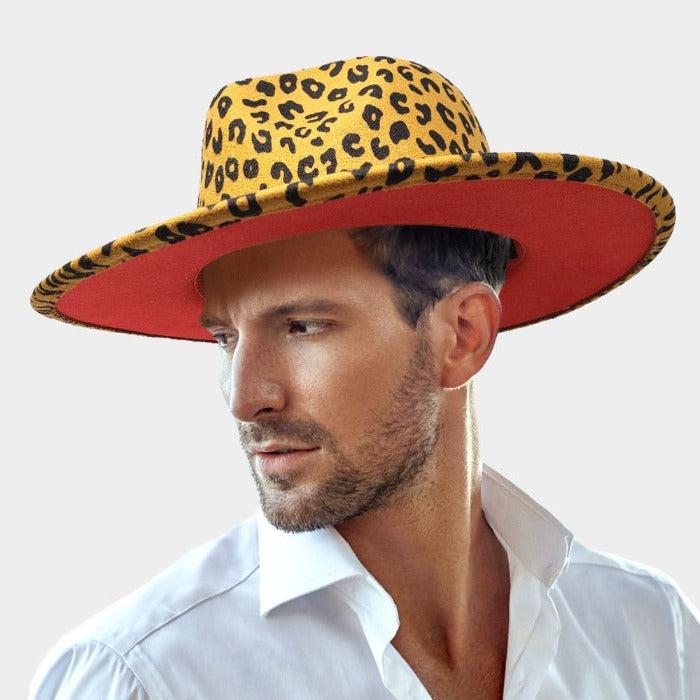 Leopard Patterned Mustard Yellow Felt Rancher Panama Hat