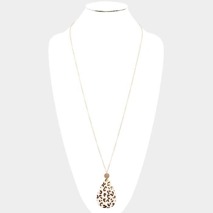 Leopard Patterned Teardrop Pendant Long Gold Necklace