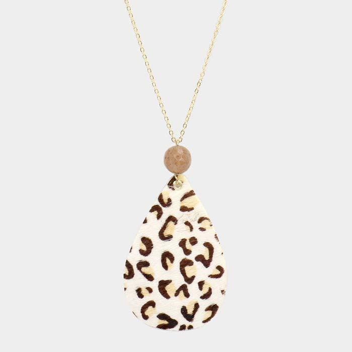 Leopard Patterned Teardrop Pendant Long Gold Necklace
