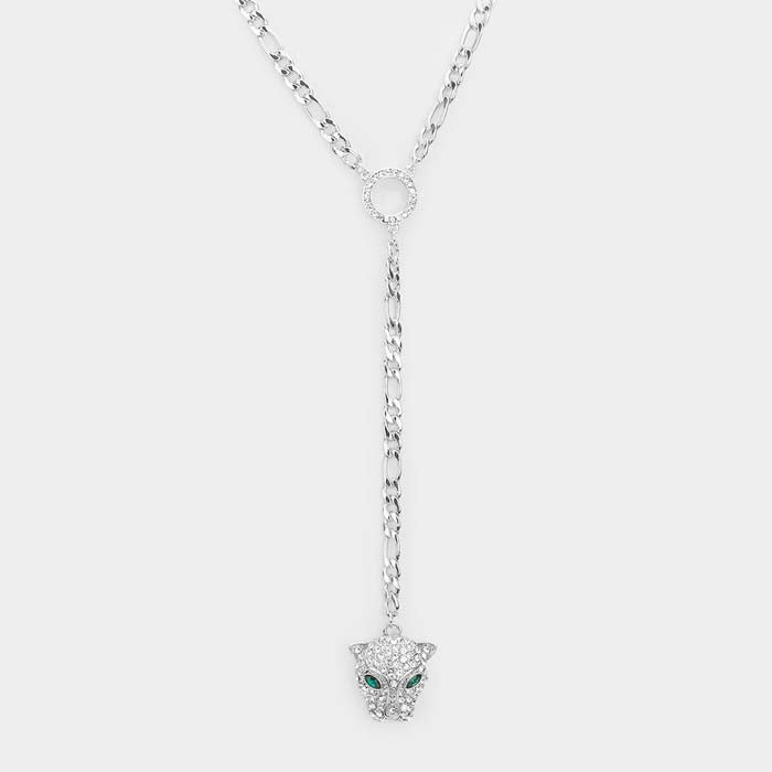 Leopard Pendant Rhinestone Double Layered Y Necklace