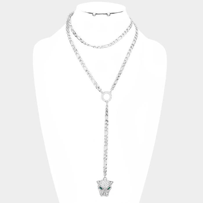 Leopard Pendant Rhinestone Double Layered Y Necklace