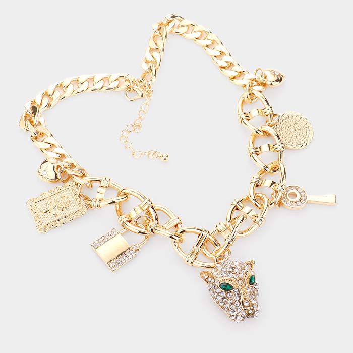 Leopard Rhinestone Heart Key Lock Flower Gold Station Necklace Set