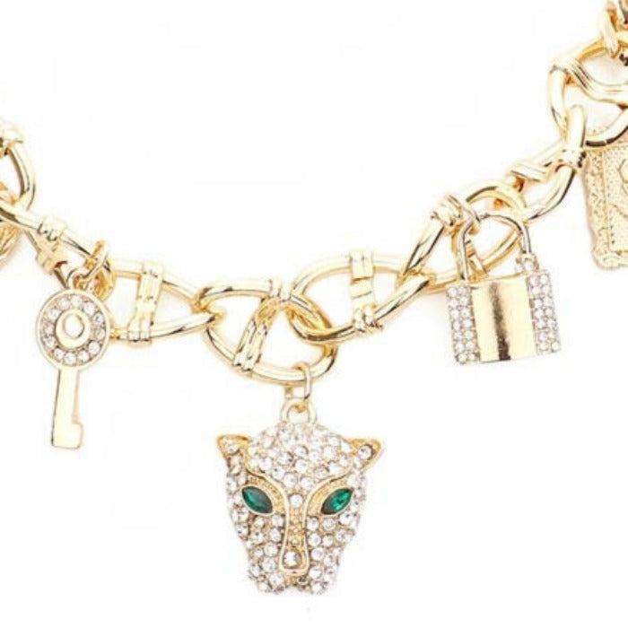 Leopard Rhinestone Heart Key Lock Flower Gold Station Necklace Set