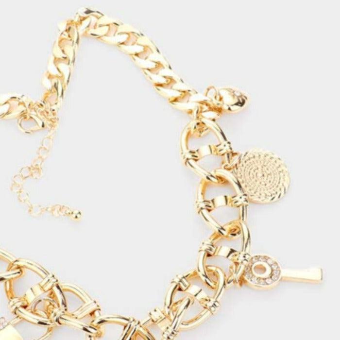 Leopard Rhinestone Heart Key Lock Flower Gold Station Necklace Set