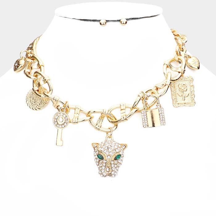 Leopard Rhinestone Heart Key Lock Flower Gold Station Necklace Set