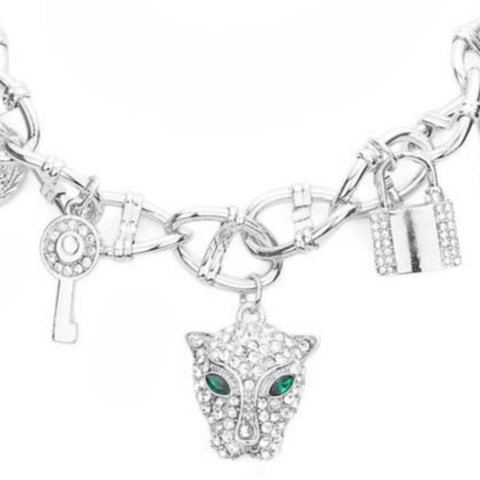 Leopard Rhinestone Heart Key Lock Flower Silver Station Necklace Set