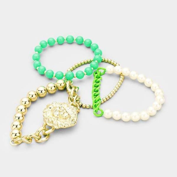 Lion Green & Gold Set of 4 Stretch Bracelets