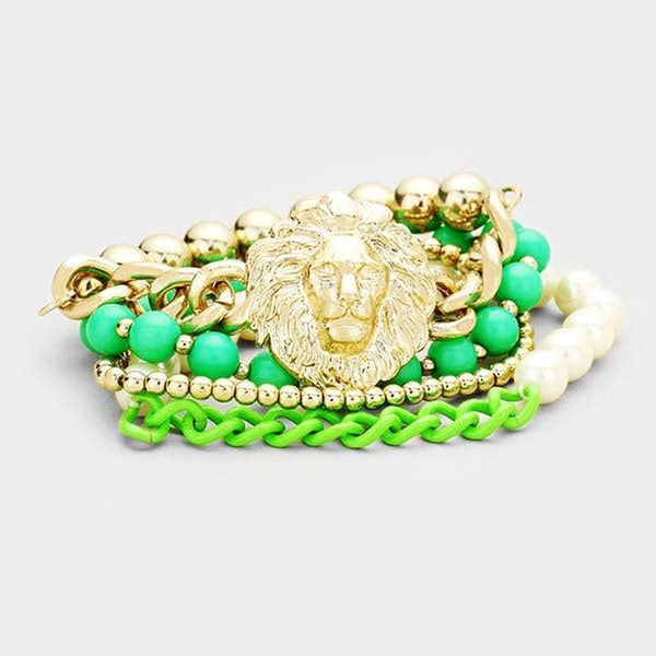 Lion Green & Gold Set of 4 Stretch Bracelets