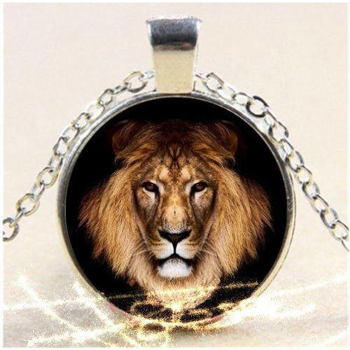 Lion Round Cabochon Glass Silver Tone Necklace-Necklace-SPARKLE ARMAND