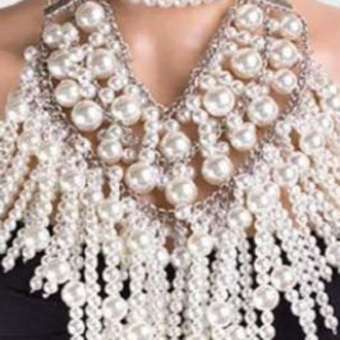 Long Dropped Pearl Statement Necklace Earring Set