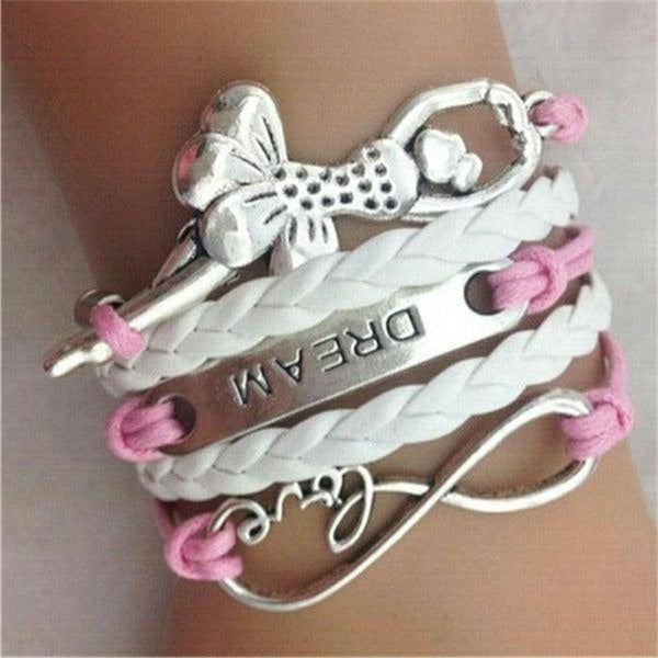 Love, Infinity, Ballet, Key, Pink & White Silver Friendship Bracelet