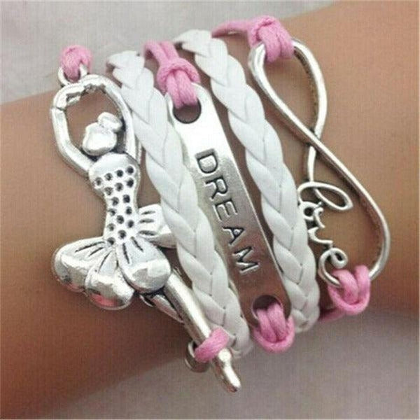 Love, Infinity, Ballet, Key, Pink & White Silver Friendship Bracelet