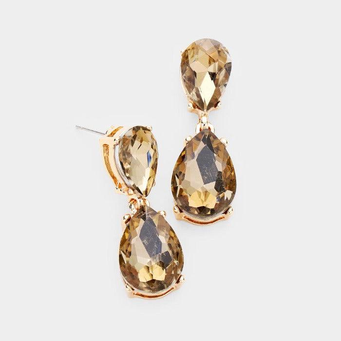 Lt Colored Topaz Crystal Double Teardrop Gold Earrings