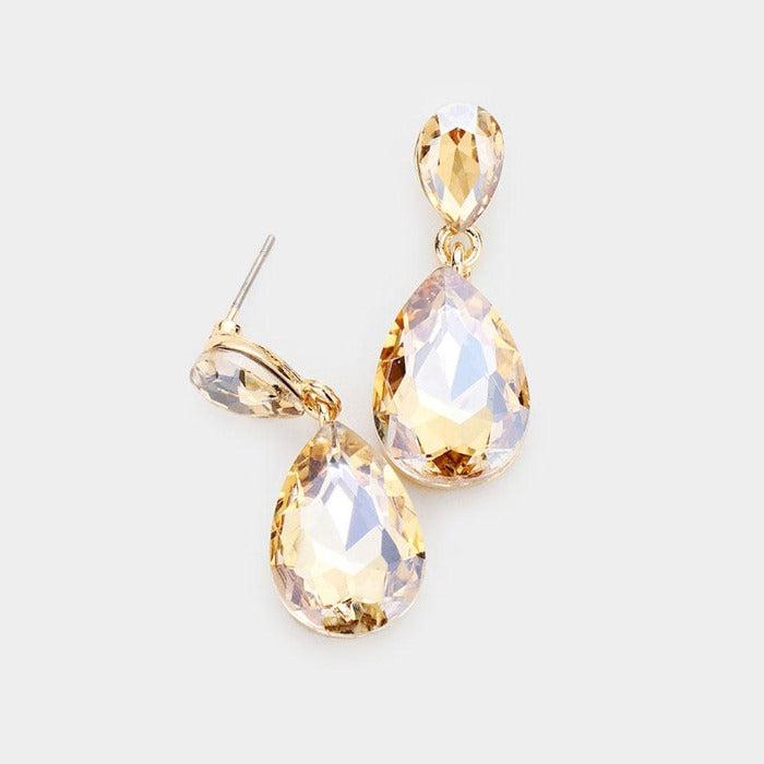 Lt Colored Topaz Crystal Double Teardrop Gold Earrings