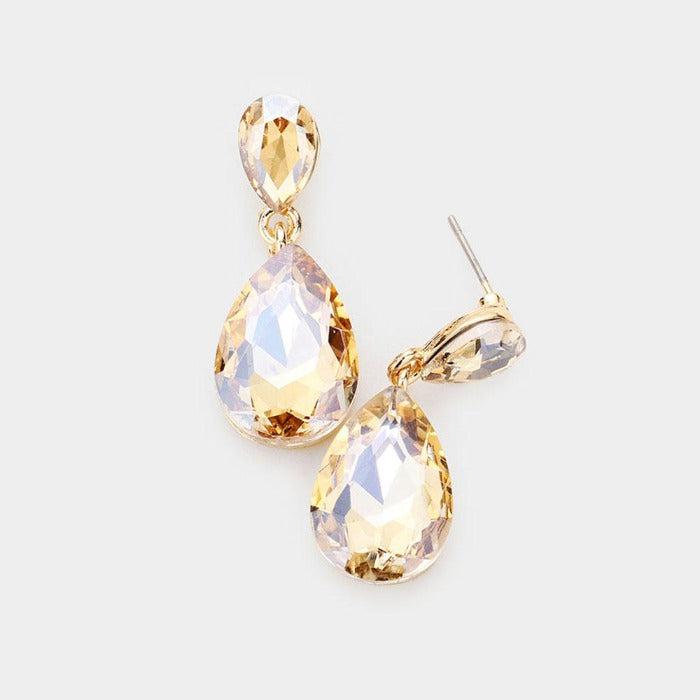 Lt Colored Topaz Crystal Double Teardrop Gold Earrings