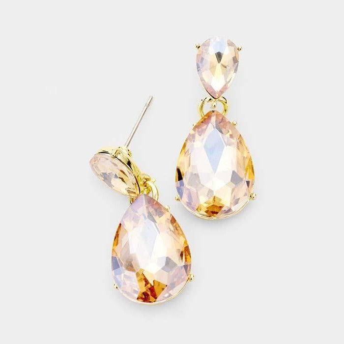 Lt Topaz Crystal Double Teardrop Gold Earrings