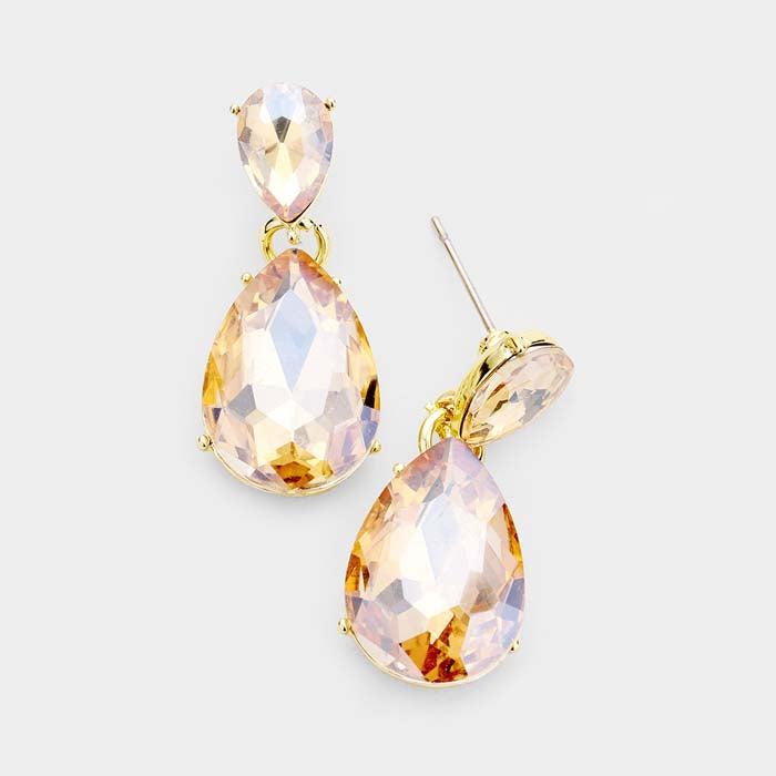 Lt Topaz Crystal Double Teardrop Gold Earrings