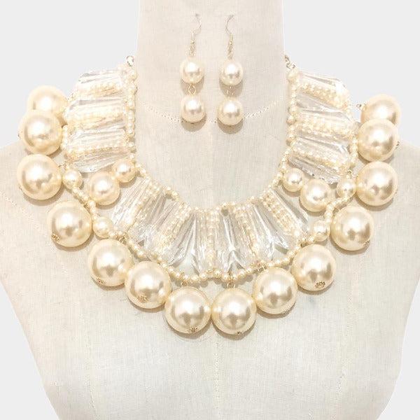 Lucite Bead Cream Faux Pearl Statement Necklace-Necklace-SPARKLE ARMAND