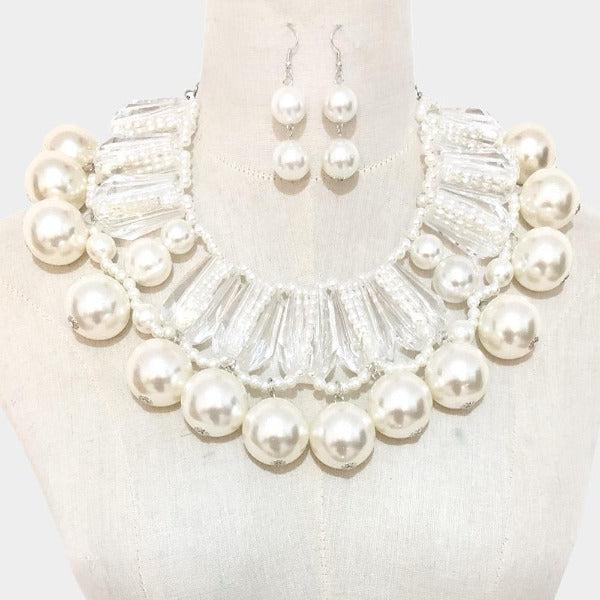 Lucite Bead White Faux Pearl Statement Necklace-Necklace-SPARKLE ARMAND
