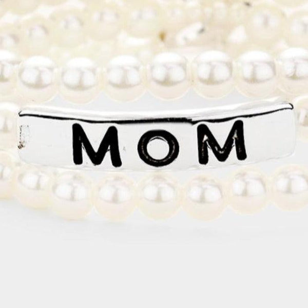MOM Pearl Triple Strand Stretch Message Bracelet
