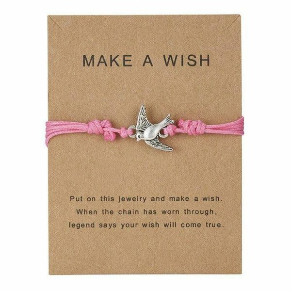 "Make A Wish" Dove Bird Note Card Pink String Bracelet