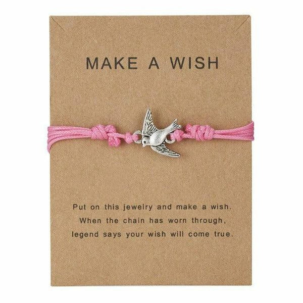 "Make A Wish" Dove Bird Note Card Pink String Bracelet