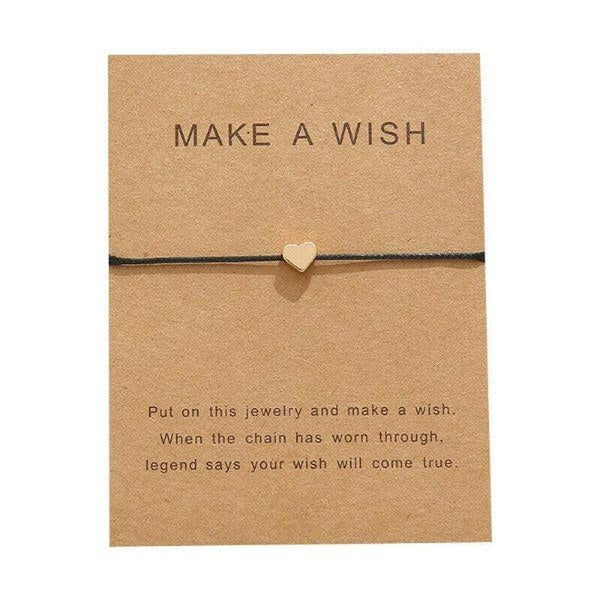 "Make A Wish" Gold Heart Note Card Black String Bracelet