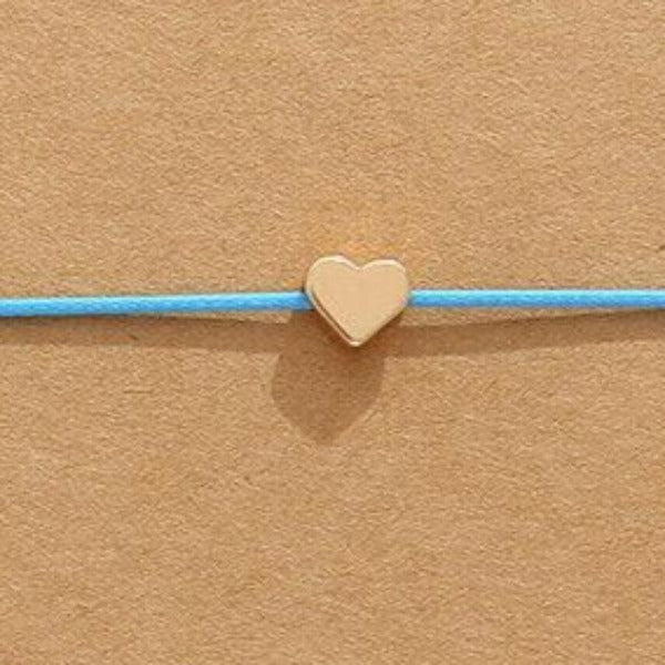 "Make A Wish" Gold Heart Note Card Light Blue String Bracelet