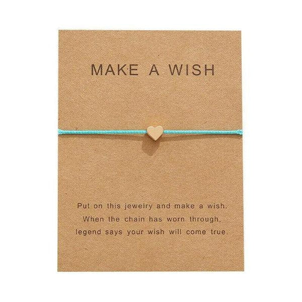 "Make A Wish" Gold Heart Note Card Light Blue String Bracelet