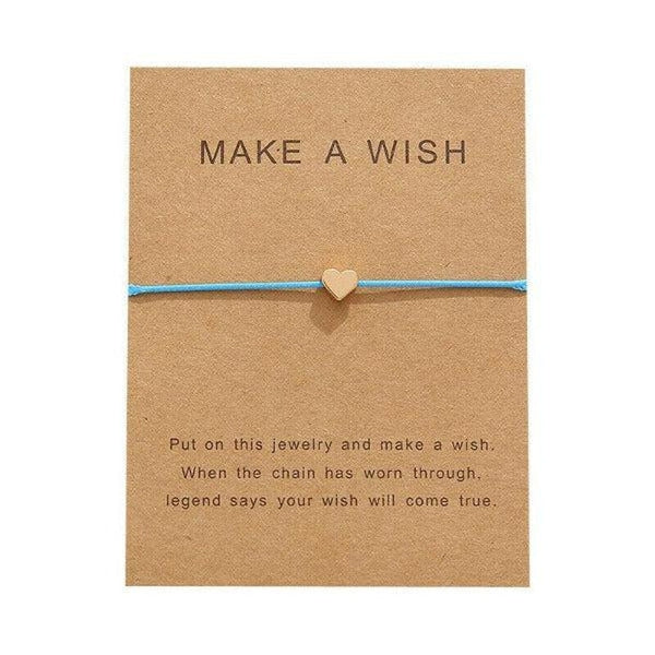 "Make A Wish" Gold Heart Note Card Light Blue String Bracelet