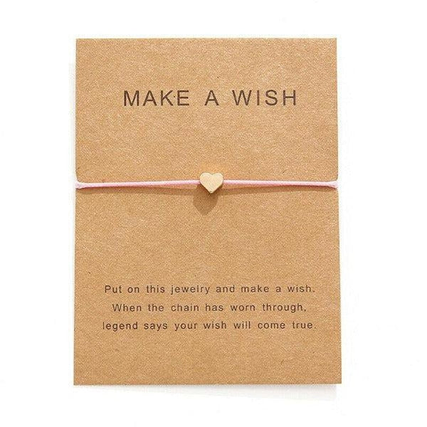 "Make A Wish" Gold Heart Note Card Pink String Bracelet