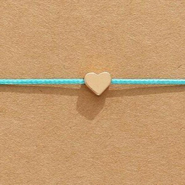 "Make A Wish" Gold Heart Note Card Teal Blue String Bracelet