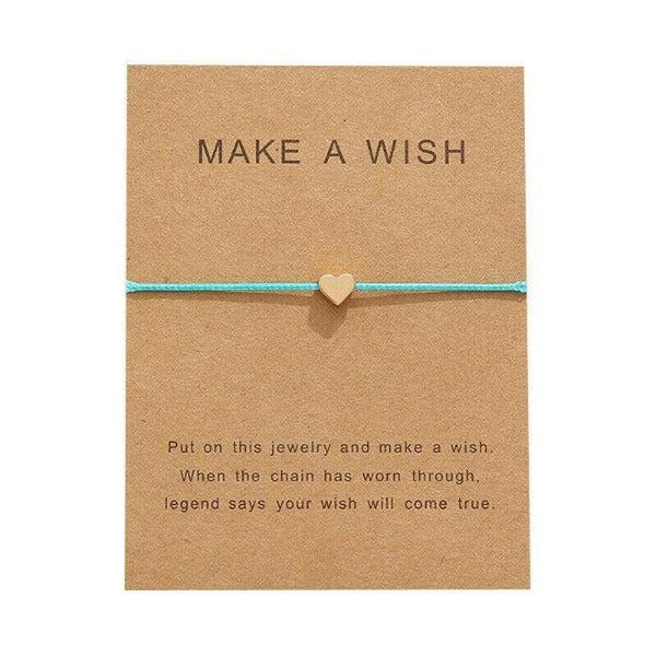 "Make A Wish" Gold Heart Note Card Teal Blue String Bracelet