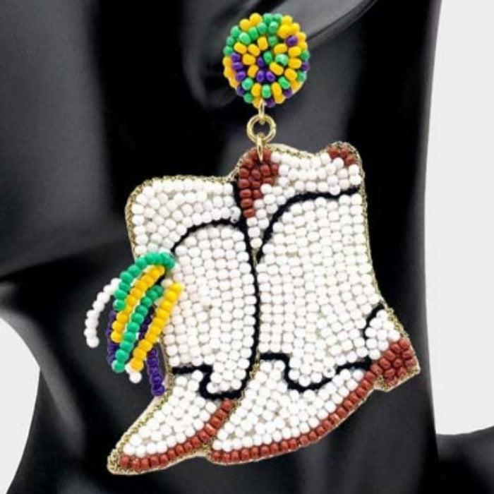 Mardi Gras Beaded Western Boots Dangle Earrings