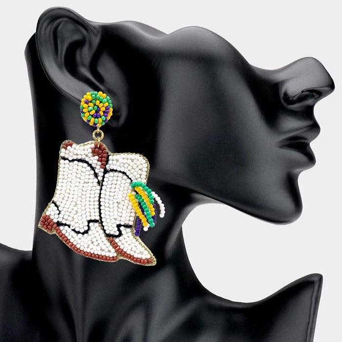 Mardi Gras Beaded Western Boots Dangle Earrings