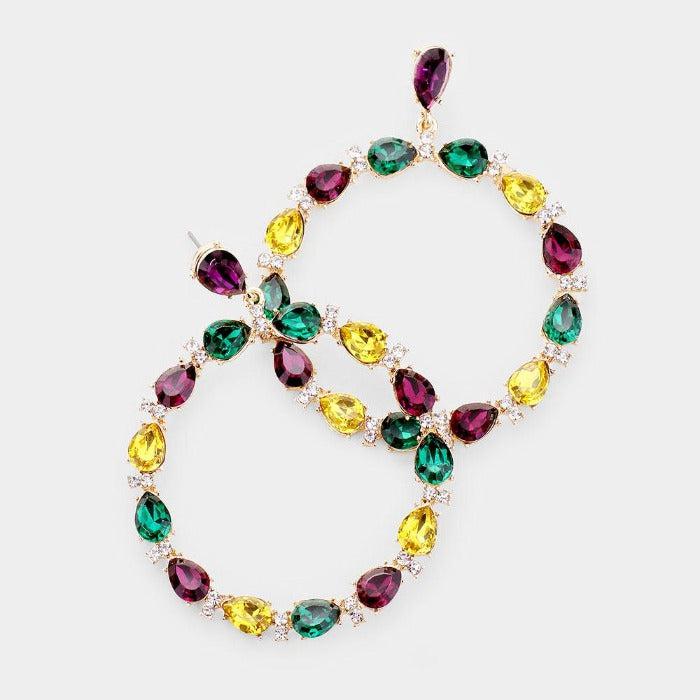 Mardi Gras Teardrop Stone Open Circle Earrings by CORE New York