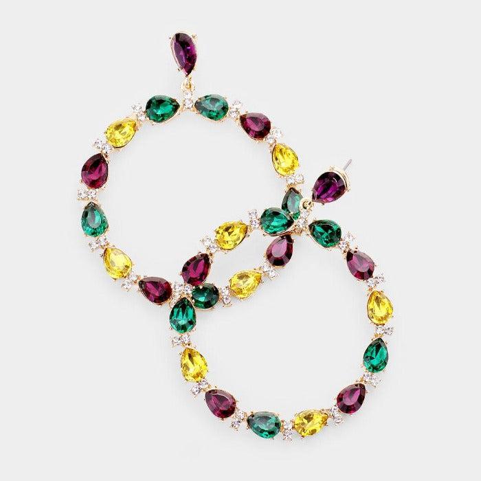 Mardi Gras Teardrop Stone Open Circle Earrings by CORE New York