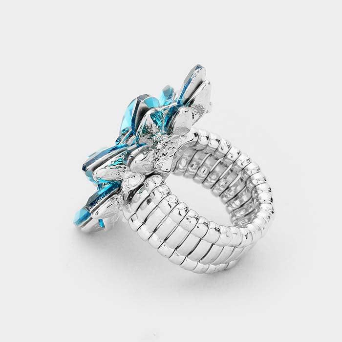 Marquise Aqua Crystal Cluster Silver Stretch Ring