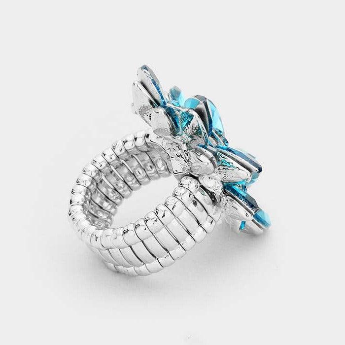 Marquise Aqua Crystal Cluster Silver Stretch Ring