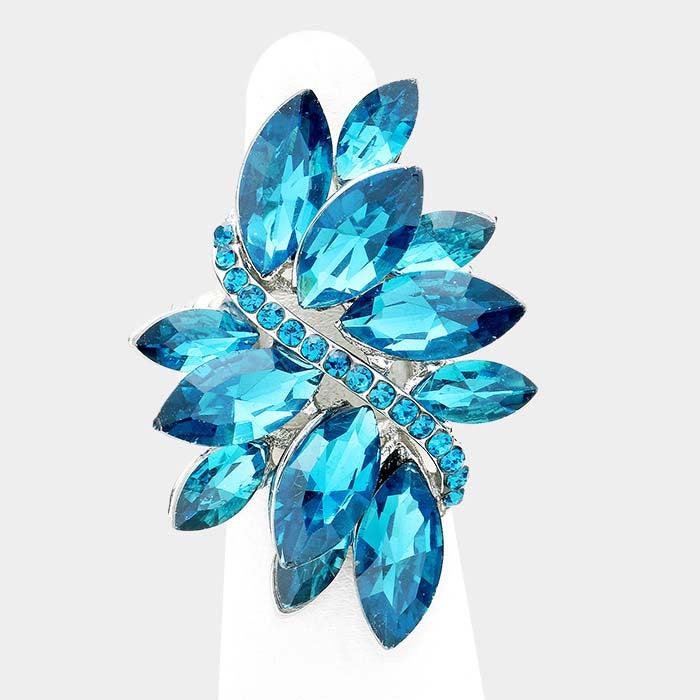 Marquise Aqua Crystal Cluster Silver Stretch Ring