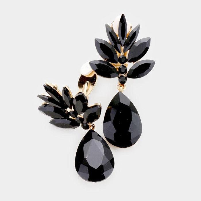 Marquise Black Crystal Teardrop Clip On Earrings-Earring-SPARKLE ARMAND
