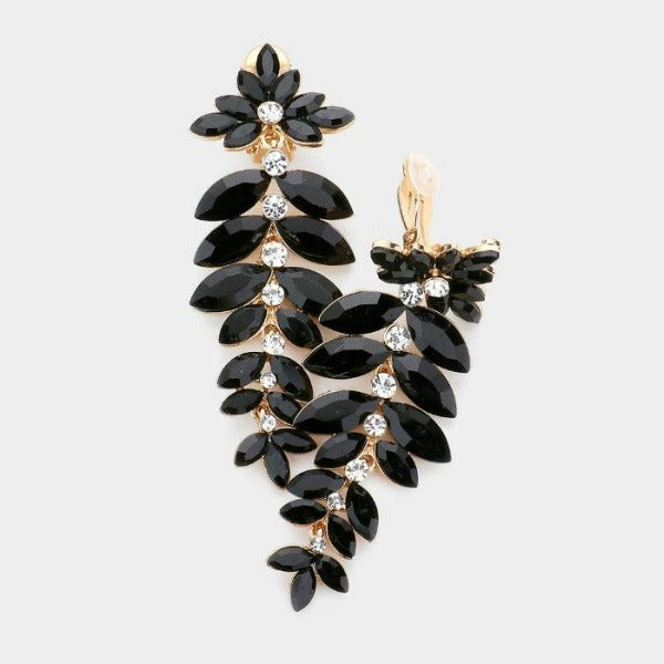 Marquise Black Stone Cluster Vine Evening Clip on Earrings