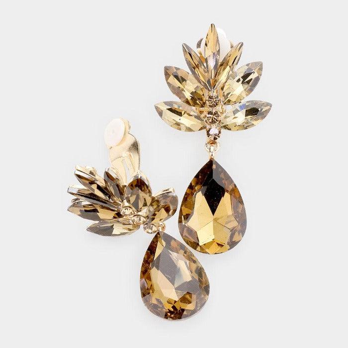 Marquise Brown Crystal Teardrop Dangle Clip On Earrings