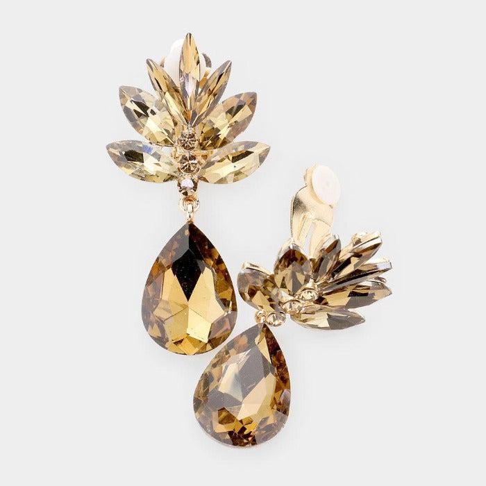 Marquise Brown Crystal Teardrop Dangle Clip On Earrings