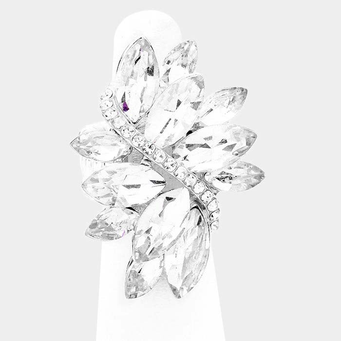 Marquise Clear Crystal Cluster Silver Stretch Ring