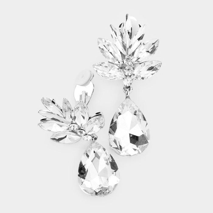 Marquise Clear Crystal Teardrop Dangle Clip On Earrings