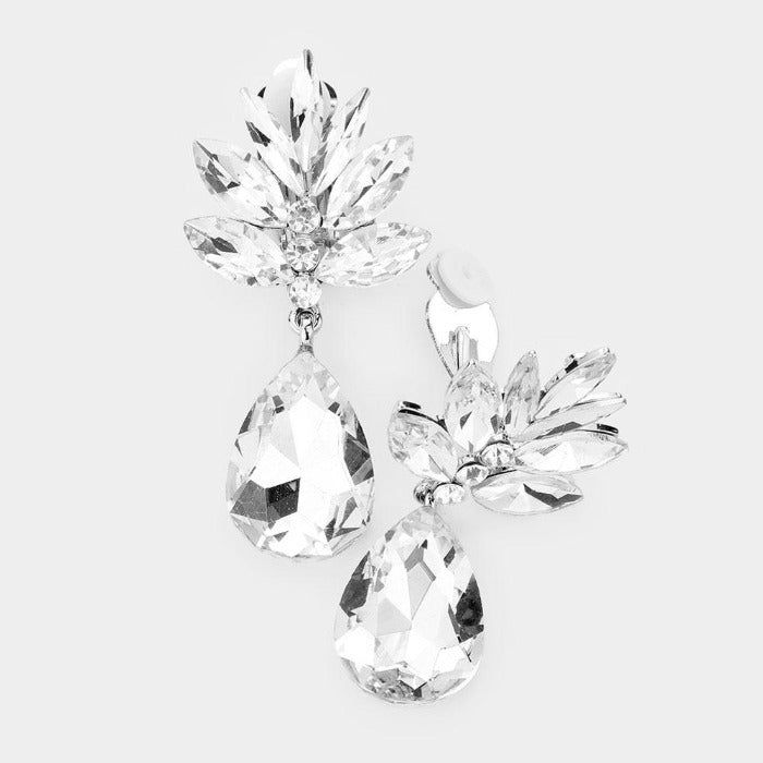 Marquise Clear Crystal Teardrop Dangle Clip On Earrings