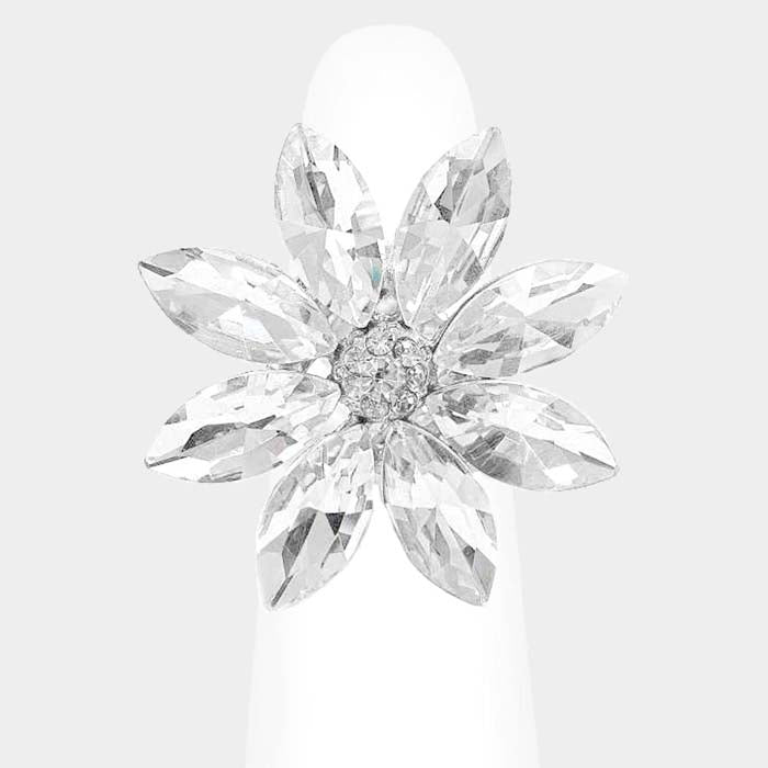 Marquise Clear Stone Flower Silver Stretch Ring