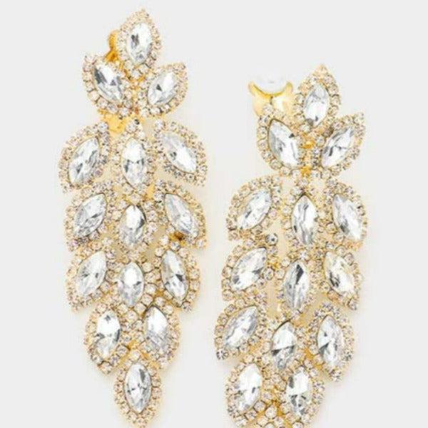 Marquise Crystal Oval Cluster Vine Gold Clip On Earrings