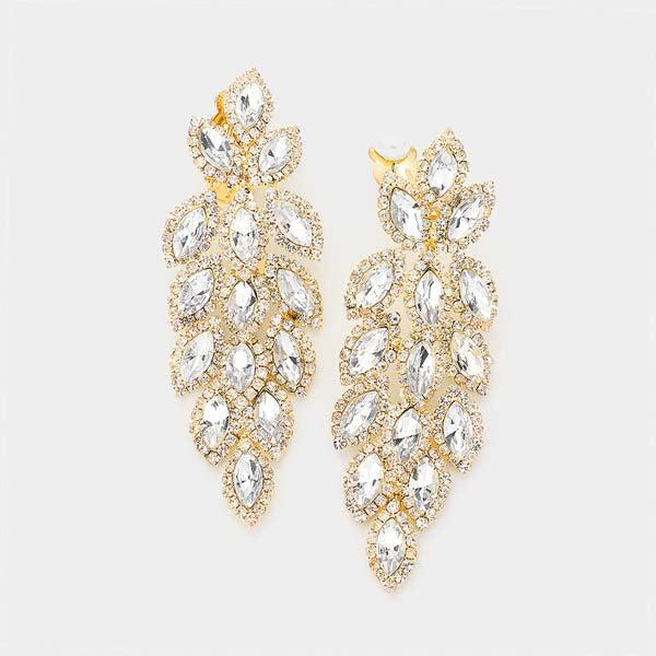 Marquise Crystal Oval Cluster Vine Gold Clip On Earrings